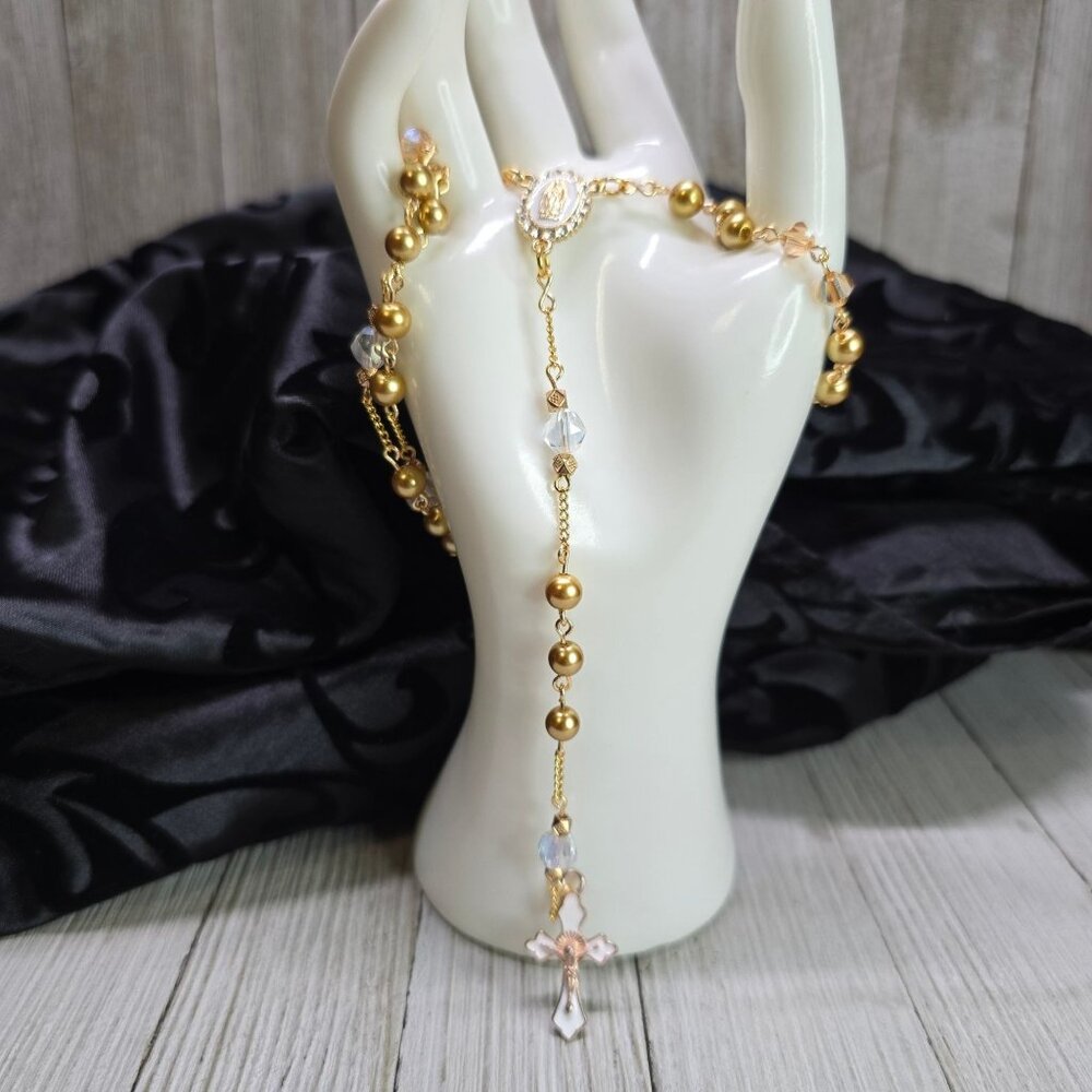 Handcrafted Elegant and Regal Gold and White Rosary Christmas Gift